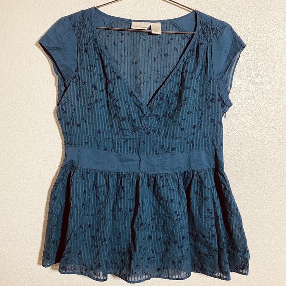 DKNY Womens vneck Blouse Top Size 14 Teal Sheer Cap Sleeve